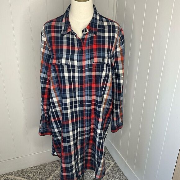 Universal Thread Women Large Button Front Shirt Mini Dress Red Blue Plaid Cotton - Picture 1 of 14